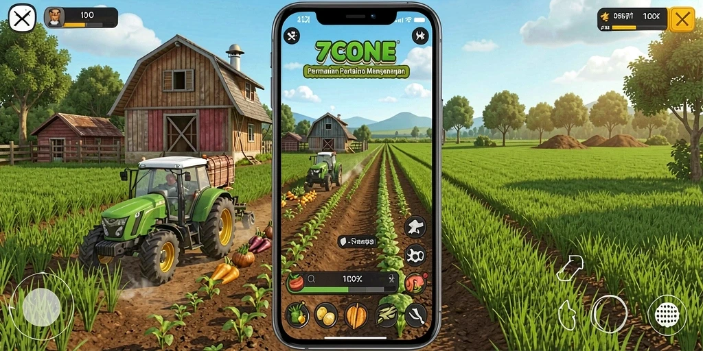 Tampilan gameplay 7CONE yang menarik dengan aktivitas pertanian.