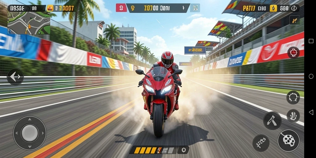 Screenshot utama gameplay <strong>8364</strong> menampilkan balapan motor yang mendebarkan.