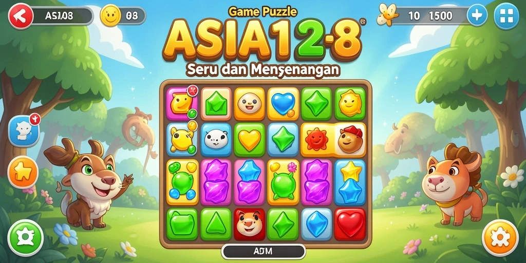 Tangkapan layar gameplay ASIA128 dengan aksi Match-3 yang berwarna-warni.