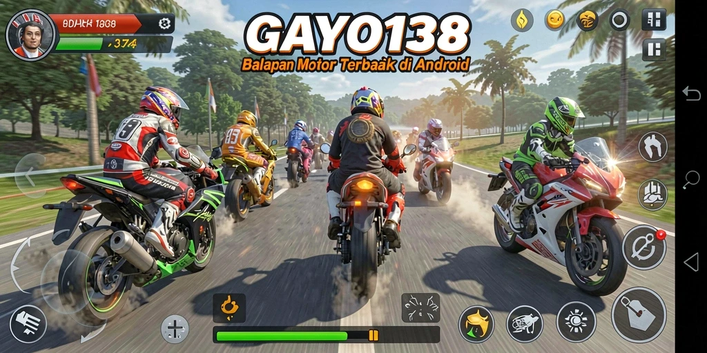 Tampilan gameplay seru dalam balapan motor GAYO138.