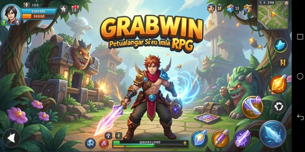 Tangkapan layar utama GRABWIN menampilkan pertarungan menegangkan di dunia RPG.