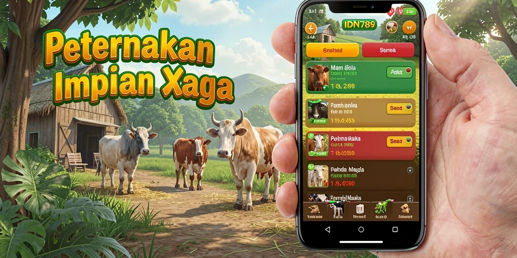 Screenshot IDN789 menampilkan aktivitas sehari-hari di peternakan yang dinamis.
