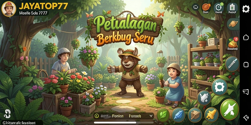 Screenshot gameplay JAYATOP77 menampilkan kebun yang subur dan beragam tanaman.