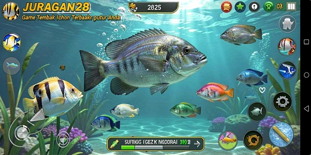 Screenshot gameplay menarik dari JURAGAN28 menunjukkan aksi menembak ikan.