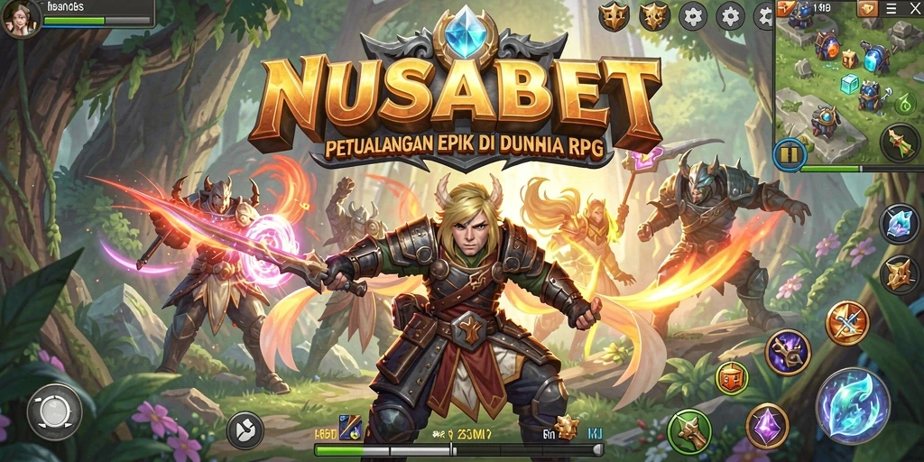 Screenshot utama NUSABET menampilkan karakter dalam pertempuran epik.