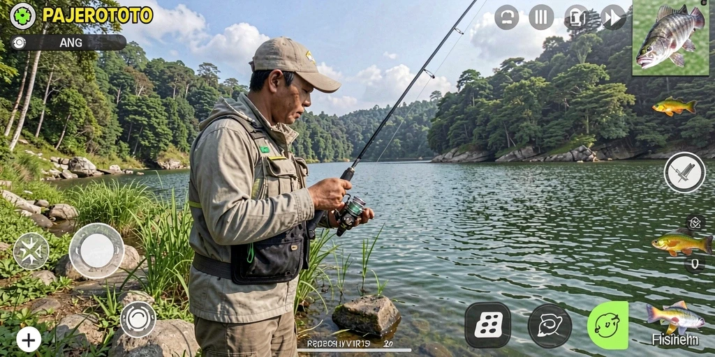 Tampilan gameplay PAJEROTOTO yang menarik saat memancing di danau yang indah.
